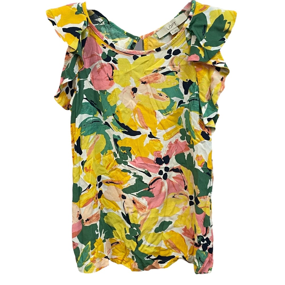 LOFT Floral Ruffle Sleeve Top XS Yellow‎ Pink Green Casual Blouse